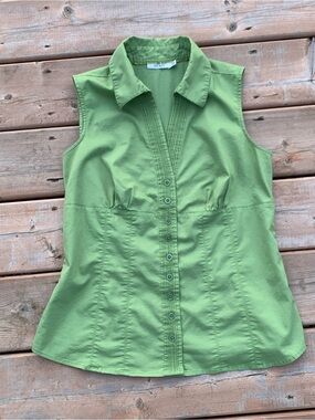 VTG Y2K Sleeveless Green Button Down Blouse Tank Collar Pintuck details sm-med